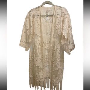 Chico’s Size 2 (Large) Ecru Sheer Open Jacket with Fringe